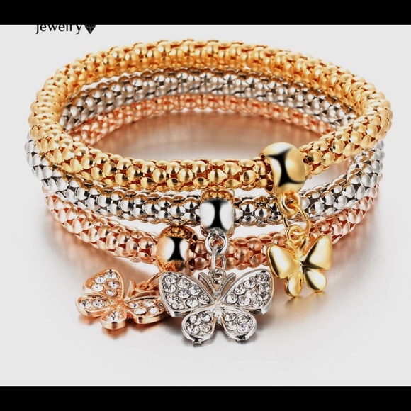 3 pieces gold filled heart charm elastic bracelet