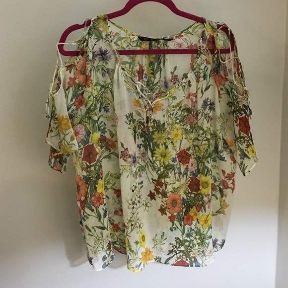 Sheer Floral Zara Cold Shoulder Tunic Top