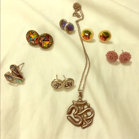 Jewelry lot of earrings stud and necklace. Ohm