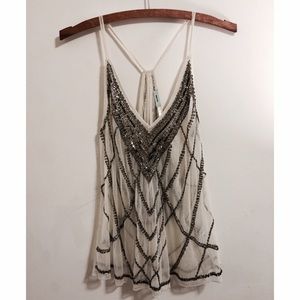 KIMCHI BLUE EMBELLISHED BEADED SEQUIN MESH TOP