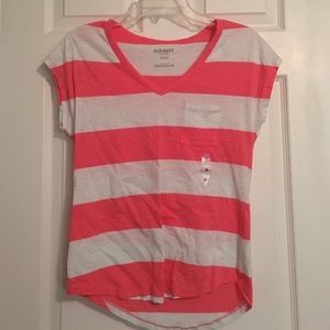 Coral and white striped v neck t shirt