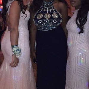 Navy Blue Hand Beaded Prom Dress