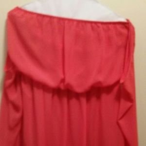 Coral summer off the shoulder sleeve dress.