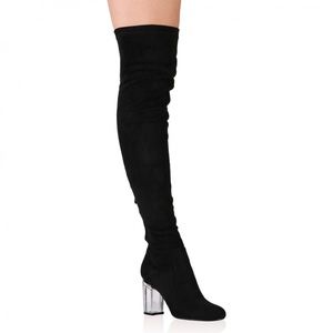 Perspex heel thigh high boots