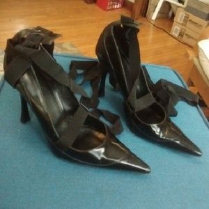 Gucci black sky high ribbon wrap heels JLo