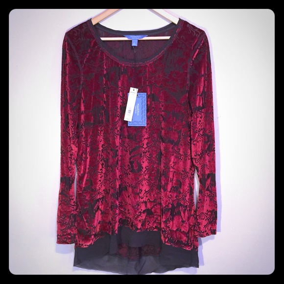 Simply Vera Wang Dark Red Velvet & Sheer Tunic NWT