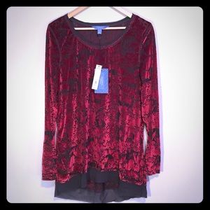 Simply Vera Wang Dark Red Velvet & Sheer Tunic NWT