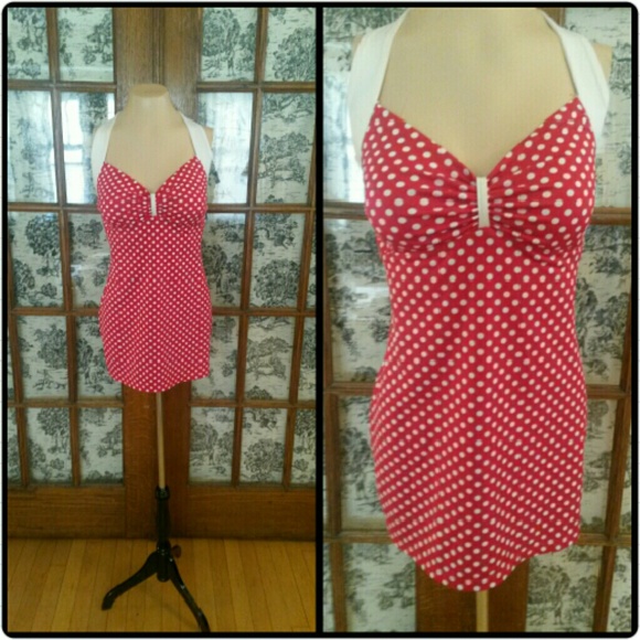 Red and white polka dot pinup one piece swimsuit
