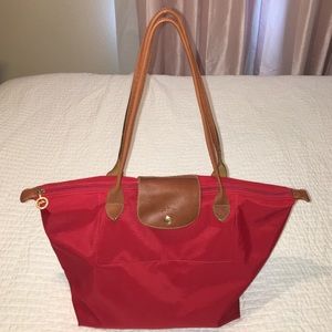 Large red "Le Pliage" Longchamp nylon tote