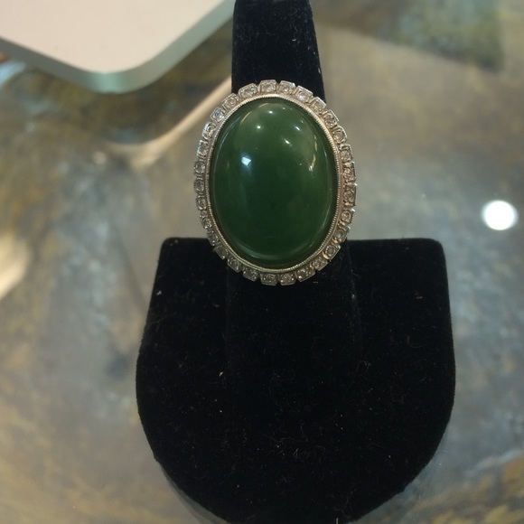 Unisex Mid Century Jade & Diamond 14k Yellow Gold Ring  Jade gold ring with diamonds
