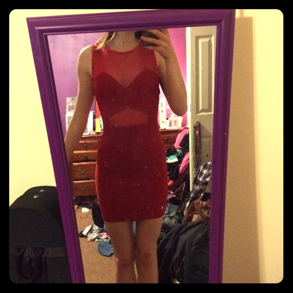 Red bodycon dress with mesh cutouts