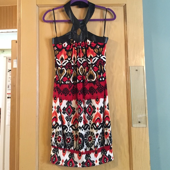 Halter dress with fun pattern and faux leather