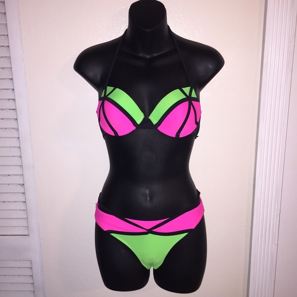 Green Pink Dominated Halter Bikini Swimsuit