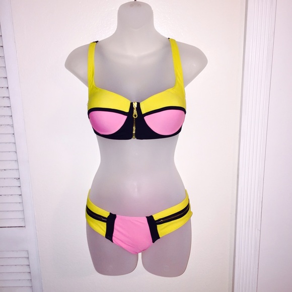 Zip Decor Color Block Pink Bikini Set