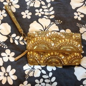 Gold boho beaded clutch wristlet