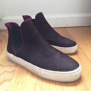 Maroon pony hair high top slip ons