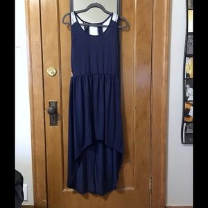 Navy jersey and white lace high-low dress