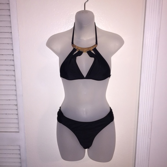 Black Golden Accessorized Halter Bikini