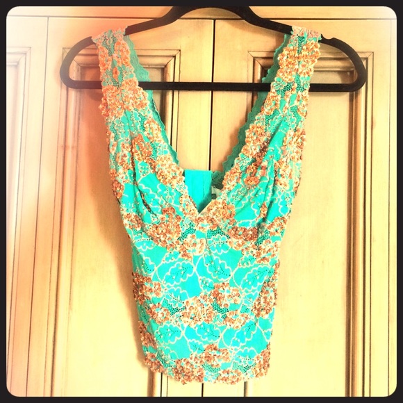 Marciano corset top with brown sequence flowers.