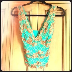 Marciano corset top with brown sequence flowers.