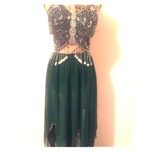 Green 2 pieces top&skirt with sliver embellishment