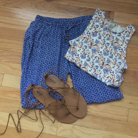Blue Printed Cuffed Drawstring Pants