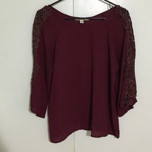 Maroon blouse with lace sleeves