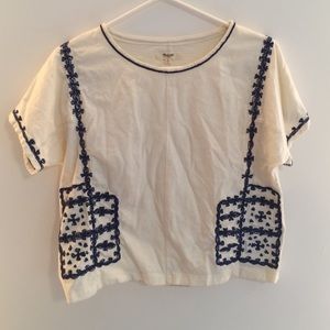 Madewell White Top with Blue Embroidery