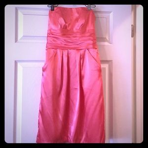 David's Bridal bridesmaid dress in coral