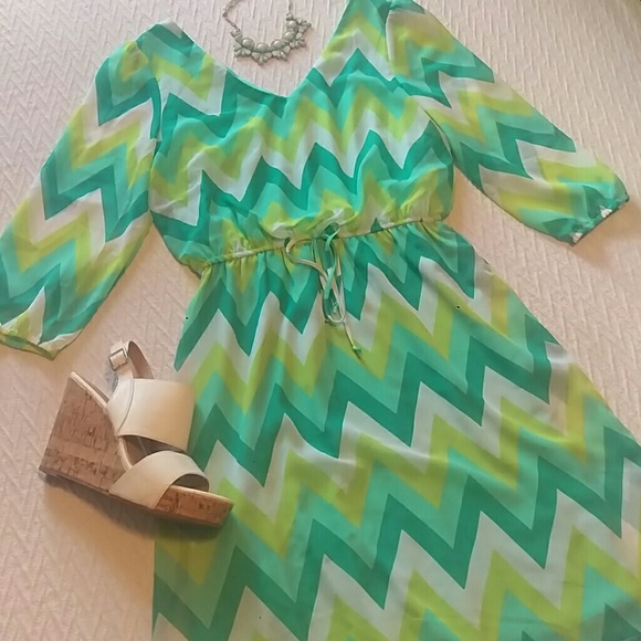 NEW! Green/Teal Chevron Dress with 3/4 Sleeves