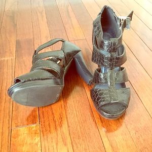 Black High Strappy Heels.  Pep toe. Worn once.