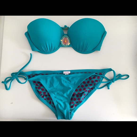 Blue strapless bathing suit top and bottom