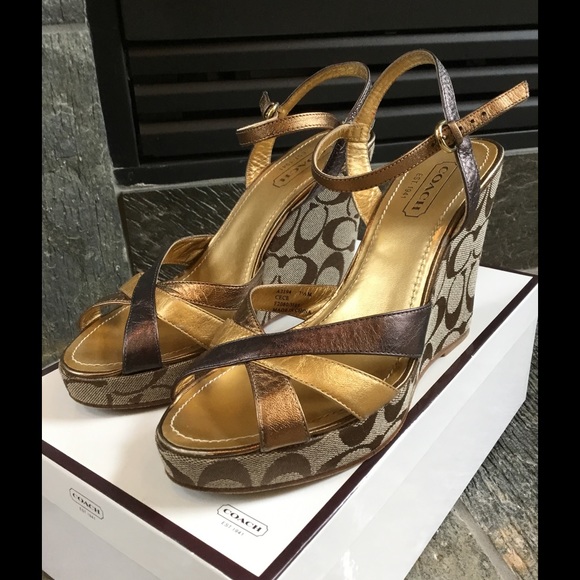 Coach Shoes - Coach Cece Gold/Brown Wedge Heels Size 7.5