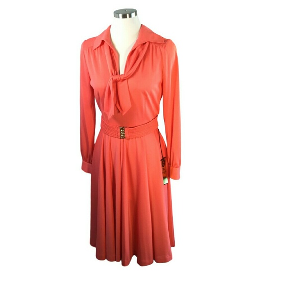 Vtg Fred Rothschild Salmon Coral Qiana Disco Dress - Picture 3 of 4