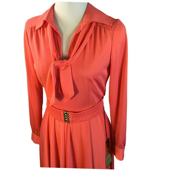 Vtg Fred Rothschild Salmon Coral Qiana Disco Dress - Picture 4 of 4