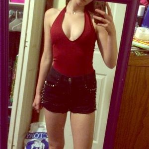 Halter top deep v bodysuit