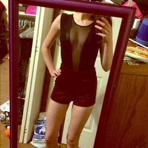 Black deep v bodysuit with mesh