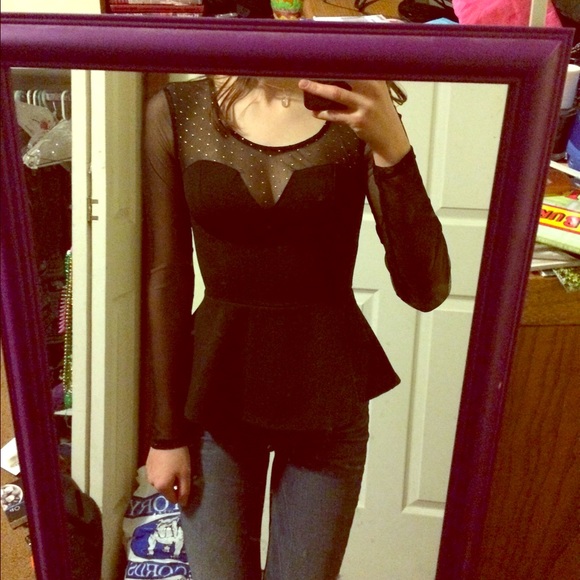 Black peplum top with mesh sleeves