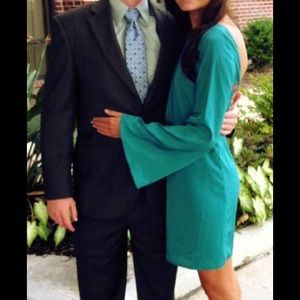 Teal bell sleeve dress w pink & orange embroidery