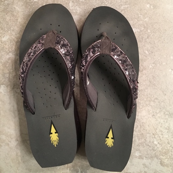 Wedge gray and lavender sequined thong sandal