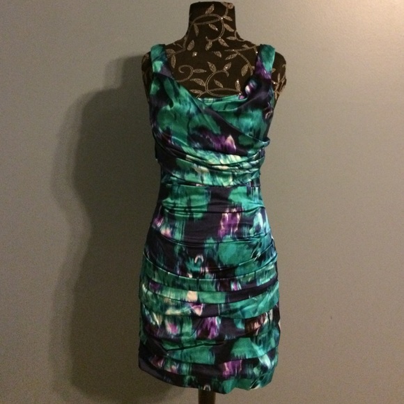 Express floral multi pattern silk ruche dress