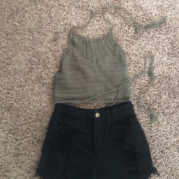 Crochet olive green halter tie crop top