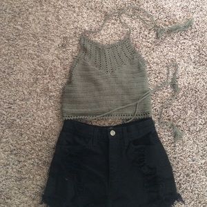 Crochet olive green halter tie crop top
