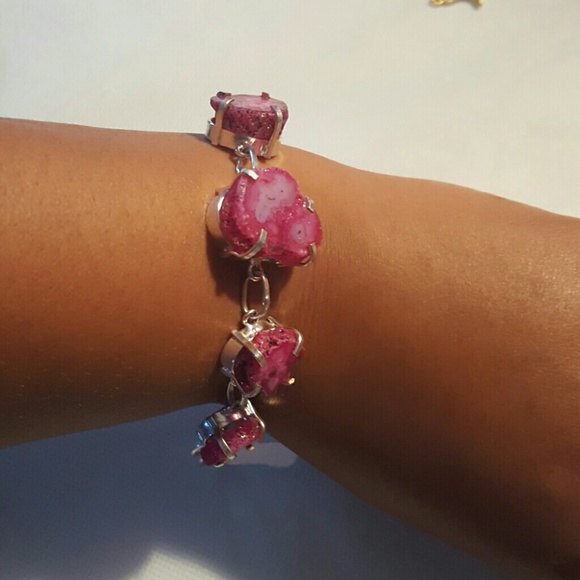 Pink agate semi precious 925 silver bracelet