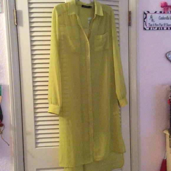 Fabulous long translucent chartreuse shirt dress
