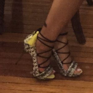 Lace up fringe sandal heels