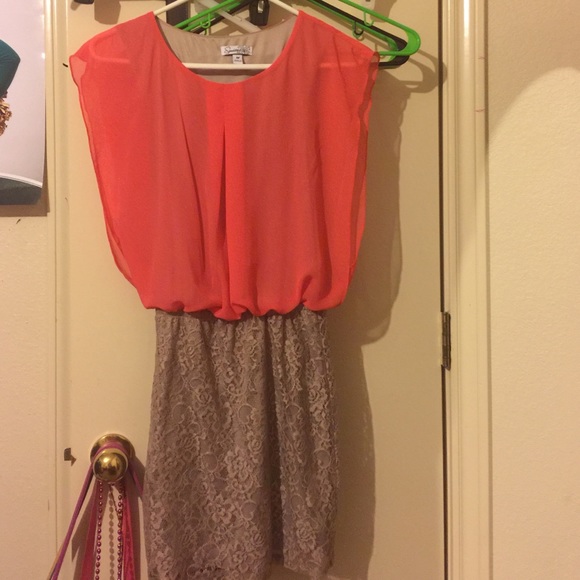 Coral top with grayish nude pencil skirt