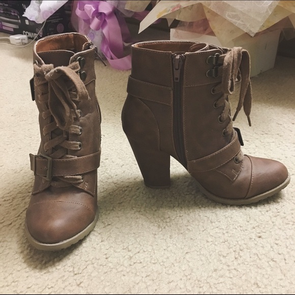 Brown Lace-up Heeled Booties