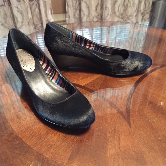 Rachel Roy black pony hair wedge heel shoes