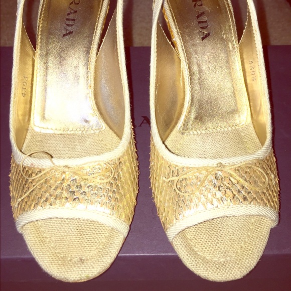 PRADA Gold Snakeskin Wedge Sandal, Size 6 - Picture 1 of 4